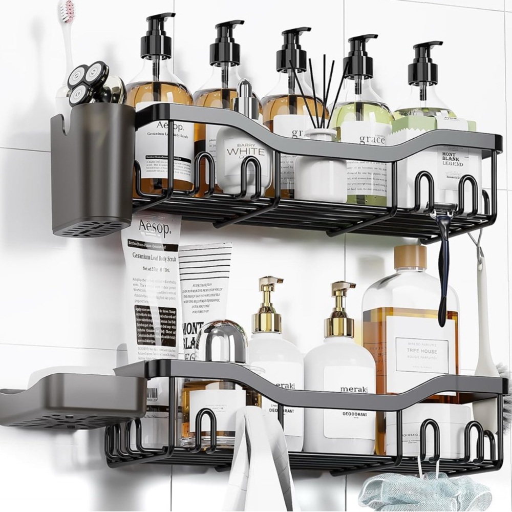 Black Bath Storage Organizer with Two Tiers and Hooks